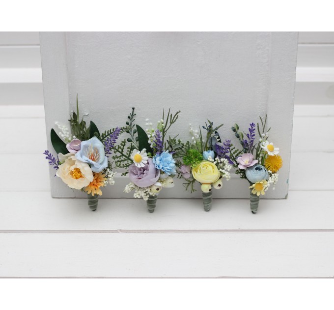 Yellow, Ivory, Dusty Blue & Lavender Wildflower Boutonnieres