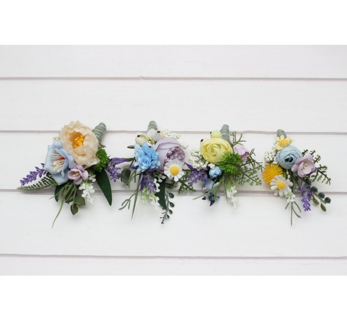 Yellow, Ivory, Dusty Blue & Lavender Wildflower Boutonnieres