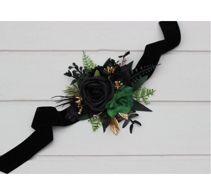 Moody Forest Green & Black Gold Wrist Corsage for Wedding