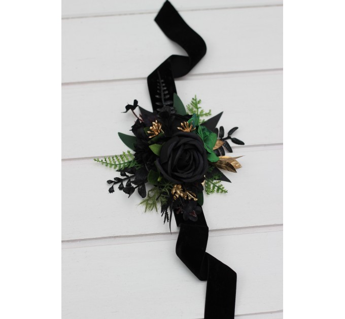 Moody Forest Green & Black Gold Wrist Corsage for Wedding