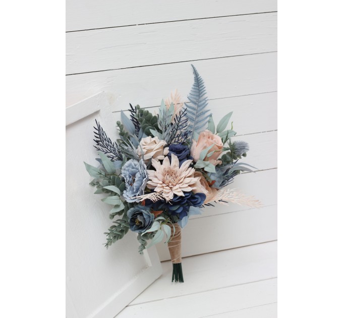 Beige Dahlia & Dusty Navy Blue Wedding Bouquets | Faux Bridal & Bridesmaid Bouquets