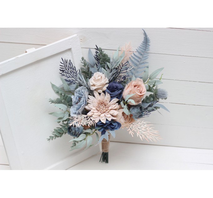 Beige Dahlia & Dusty Navy Blue Wedding Bouquets | Faux Bridal & Bridesmaid Bouquets