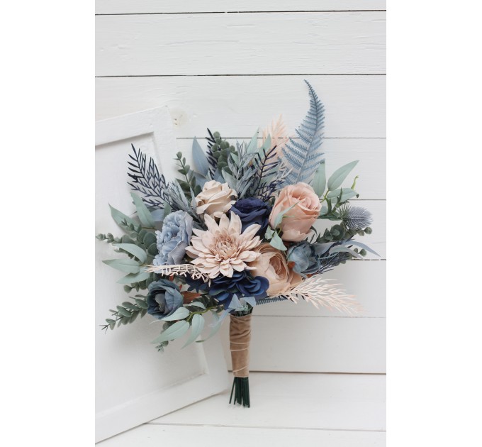 Beige Dahlia & Dusty Navy Blue Wedding Bouquets | Faux Bridal & Bridesmaid Bouquets