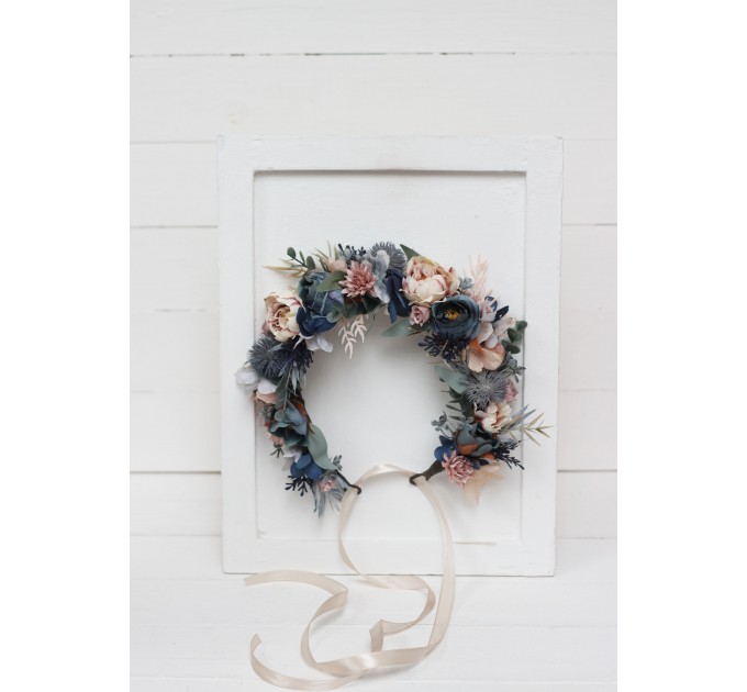 Dusty blue beige flower crown. Hair wreath. Flower girl crown. Wedding flowers. 0506