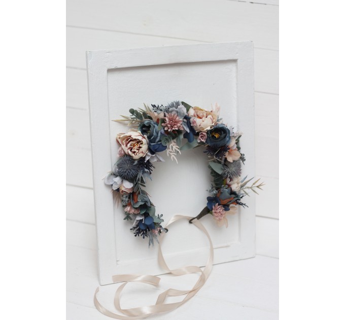 Dusty blue beige flower crown. Hair wreath. Flower girl crown. Wedding flowers. 0506