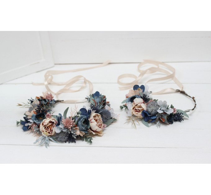 Dusty blue beige flower crown. Hair wreath. Flower girl crown. Wedding flowers. 0506