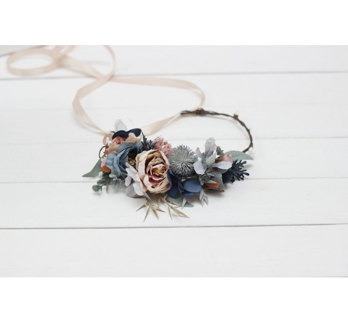 Dusty blue beige flower crown. Hair wreath. Flower girl crown. Wedding flowers. 0506