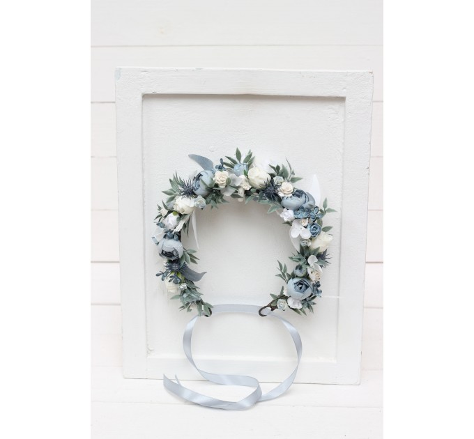 Dusty blue white flower crown. Hair wreath. Flower girl crown. Wedding flowers. 0508