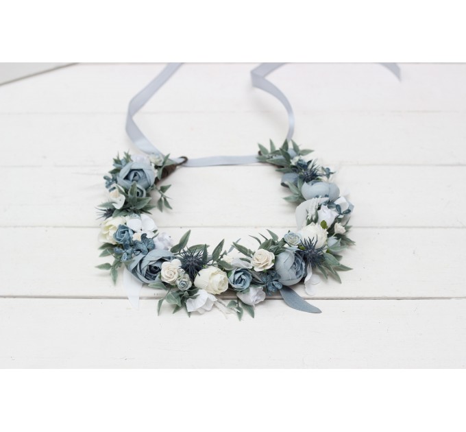 Dusty blue white flower crown. Hair wreath. Flower girl crown. Wedding flowers. 0508