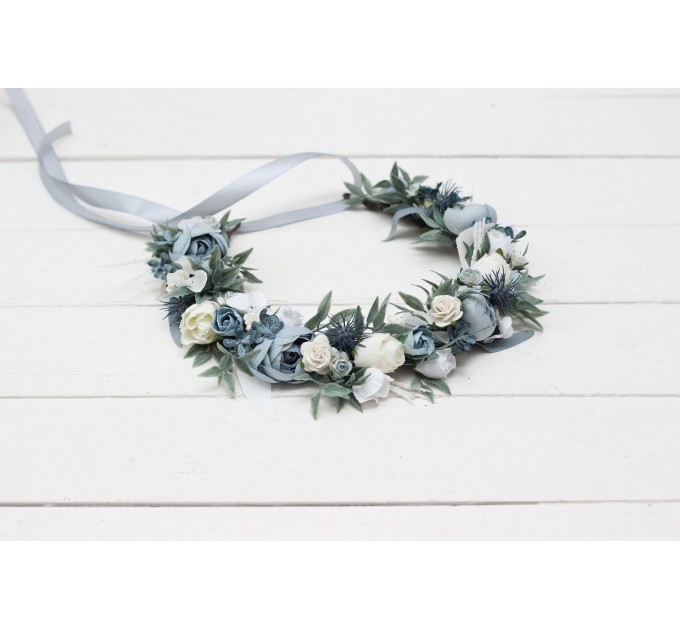 Dusty blue white flower crown. Hair wreath. Flower girl crown. Wedding flowers. 0508
