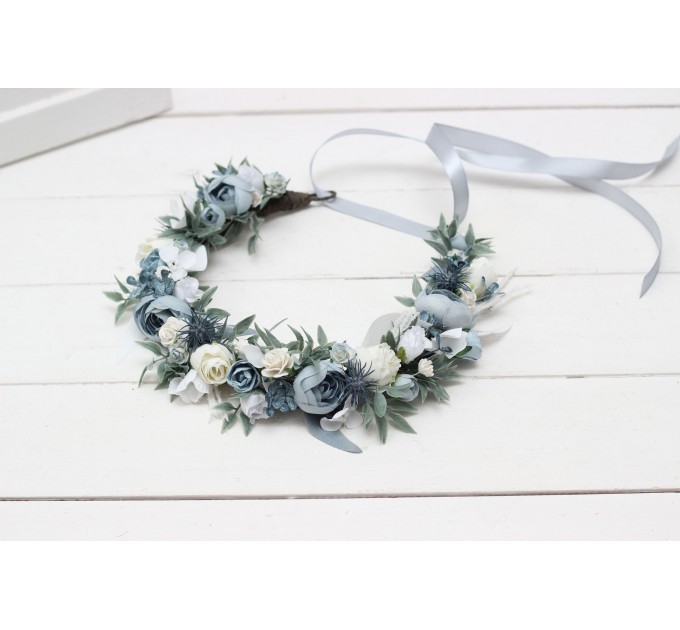 Dusty blue white flower crown. Hair wreath. Flower girl crown. Wedding flowers. 0508