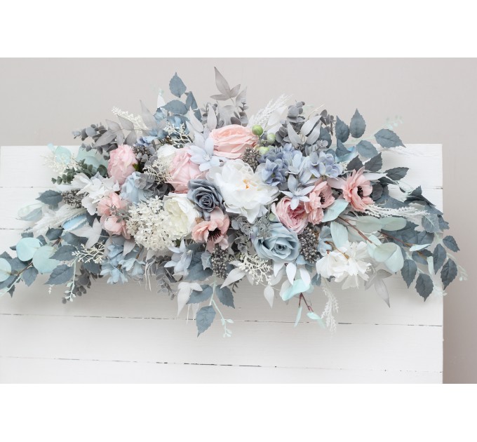  Flower arch arrangement in dusty blue blush pink white colors.  Arbor flowers. Floral archway. Faux flowers for wedding arch. 0509