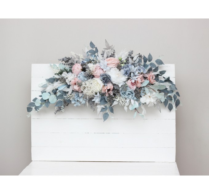  Flower arch arrangement in dusty blue blush pink white colors.  Arbor flowers. Floral archway. Faux flowers for wedding arch. 0509