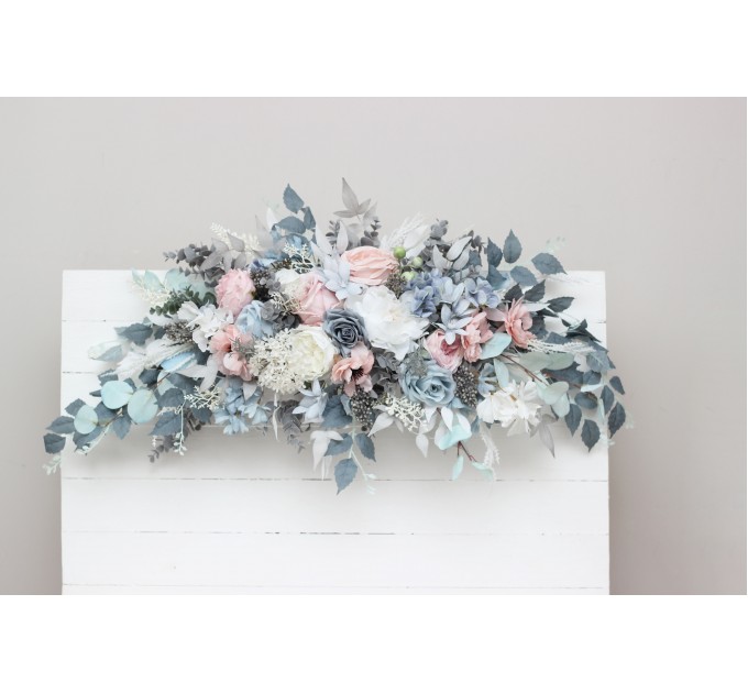  Flower arch arrangement in dusty blue blush pink white colors.  Arbor flowers. Floral archway. Faux flowers for wedding arch. 0509