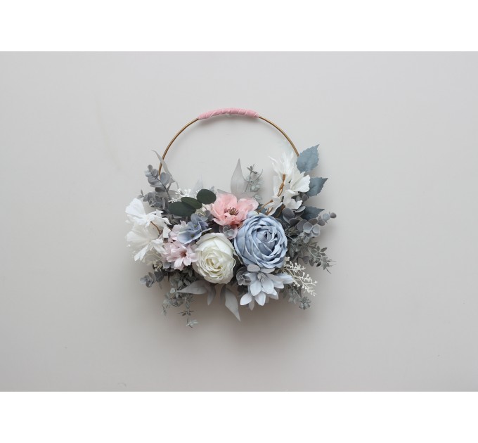 Flower hoop dusty blue blush pink white colors. Alternative bridesmaid bouquet. 0509