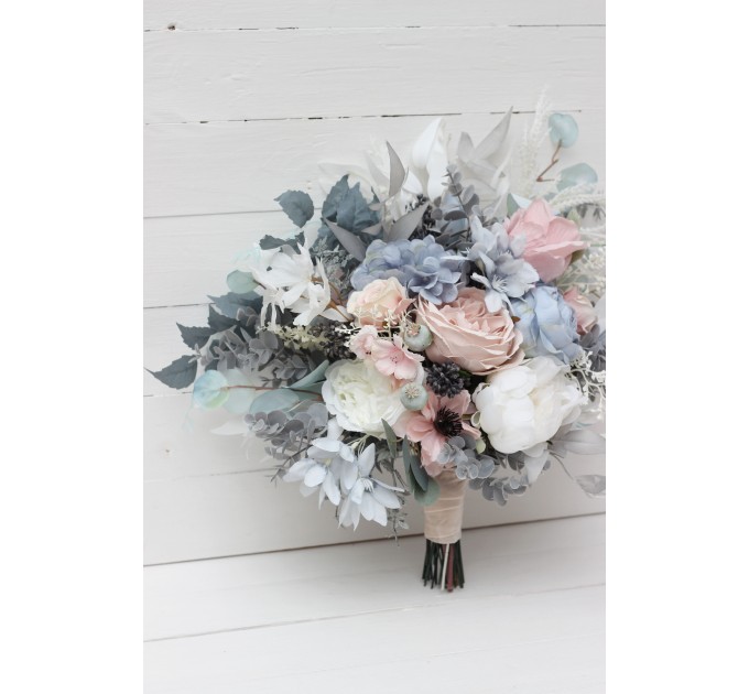 Wedding bouquets in Dusty blue blush pink white colors. Bridal bouquet. Cascading bouquet. Faux bouquet. Bridesmaid bouquet. 0509