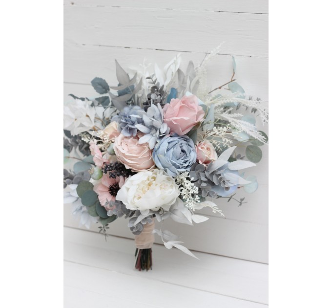 Wedding bouquets in Dusty blue blush pink white colors. Bridal bouquet. Cascading bouquet. Faux bouquet. Bridesmaid bouquet. 0509