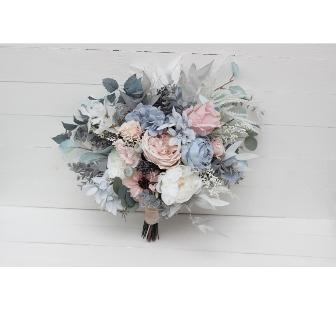 Wedding bouquets in Dusty blue blush pink white colors. Bridal bouquet. Cascading bouquet. Faux bouquet. Bridesmaid bouquet. 0509