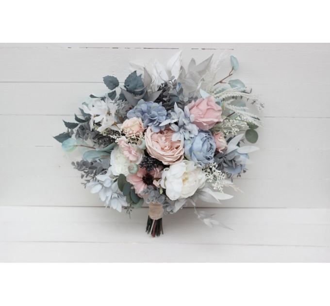Wedding bouquets in Dusty blue blush pink white colors. Bridal bouquet. Cascading bouquet. Faux bouquet. Bridesmaid bouquet. 0509
