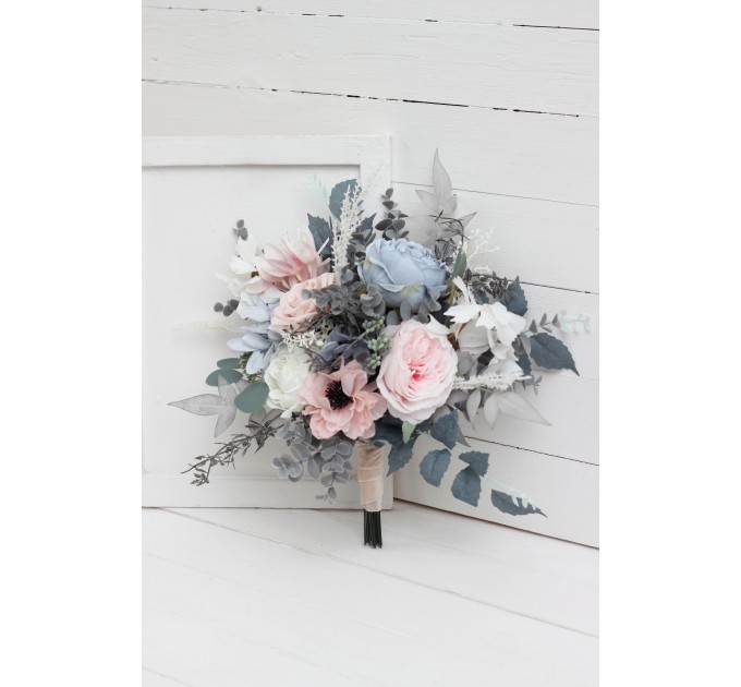 Wedding bouquets in Dusty blue blush pink white colors. Bridal bouquet. Cascading bouquet. Faux bouquet. Bridesmaid bouquet. 0509