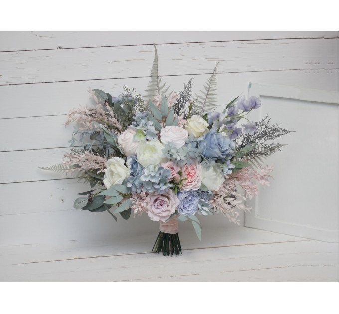 Wedding bouquets in dusty blue blush pink white colors. Bridal bouquet. Cascading bouquet. Faux bouquet. Bridesmaid bouquet. 0509-1