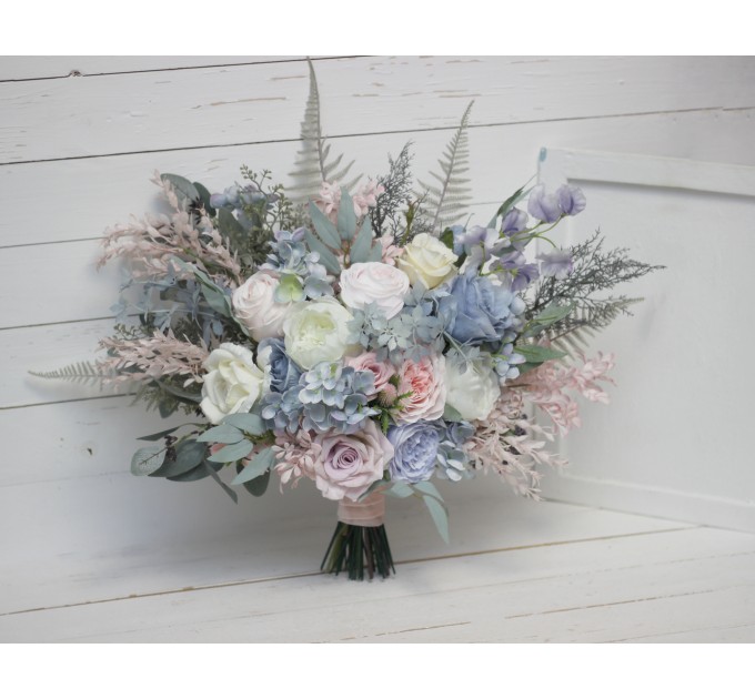 Wedding bouquets in dusty blue blush pink white colors. Bridal bouquet. Cascading bouquet. Faux bouquet. Bridesmaid bouquet. 0509-1