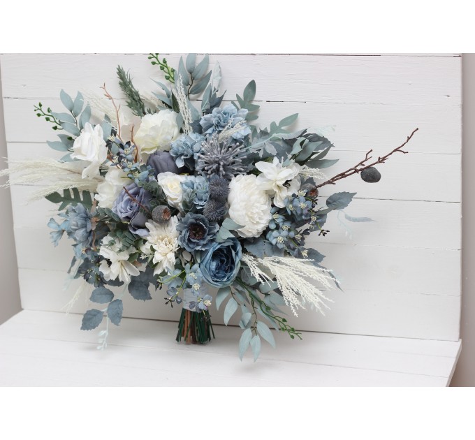 Wedding bouquets in dusty blue white colors. Bridal bouquet. Cascading bouquet. Faux bouquet. Bridesmaid bouquet. 0508