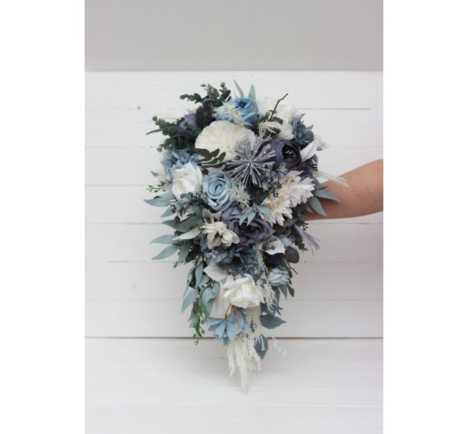 Wedding bouquets in dusty blue white colors. Bridal bouquet. Cascading bouquet. Faux bouquet. Bridesmaid bouquet. 0508