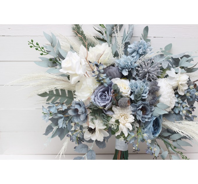 Wedding bouquets in dusty blue white colors. Bridal bouquet. Cascading bouquet. Faux bouquet. Bridesmaid bouquet. 0508