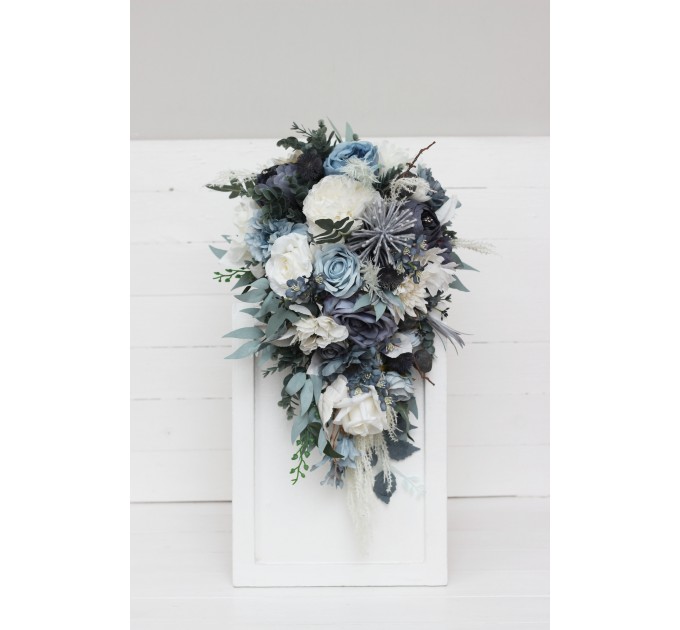 Wedding bouquets in dusty blue white colors. Bridal bouquet. Cascading bouquet. Faux bouquet. Bridesmaid bouquet. 0508