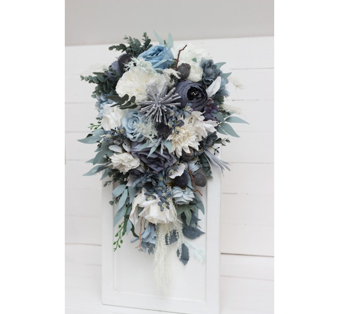 Wedding bouquets in dusty blue white colors. Bridal bouquet. Cascading bouquet. Faux bouquet. Bridesmaid bouquet. 0508