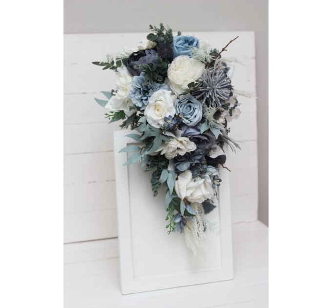 Wedding bouquets in dusty blue white colors. Bridal bouquet. Cascading bouquet. Faux bouquet. Bridesmaid bouquet. 0508