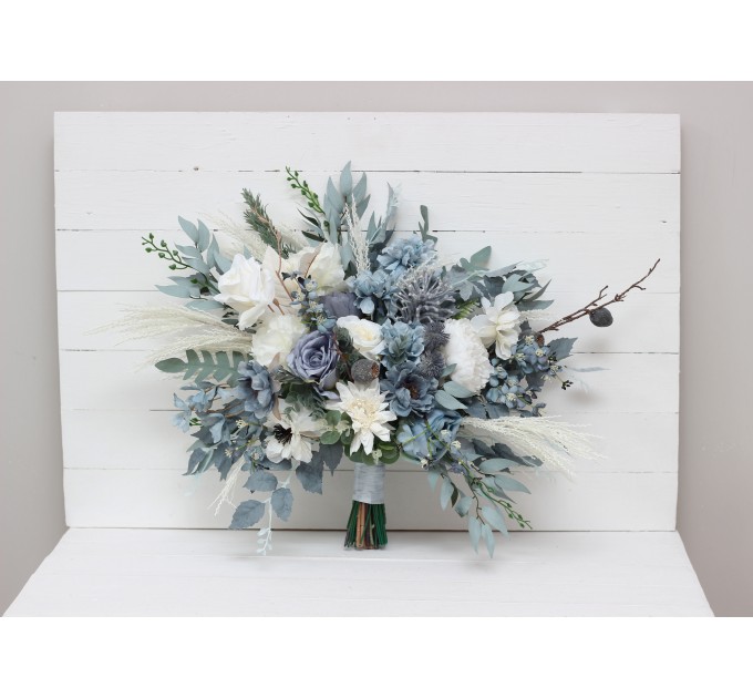 Wedding bouquets in dusty blue white colors. Bridal bouquet. Cascading bouquet. Faux bouquet. Bridesmaid bouquet. 0508