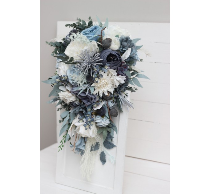 Wedding bouquets in dusty blue white colors. Bridal bouquet. Cascading bouquet. Faux bouquet. Bridesmaid bouquet. 0508