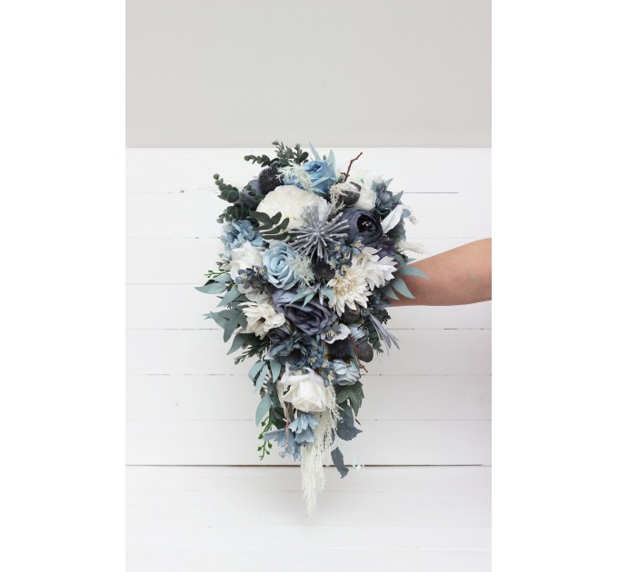 Wedding bouquets in dusty blue white colors. Bridal bouquet. Cascading bouquet. Faux bouquet. Bridesmaid bouquet. 0508