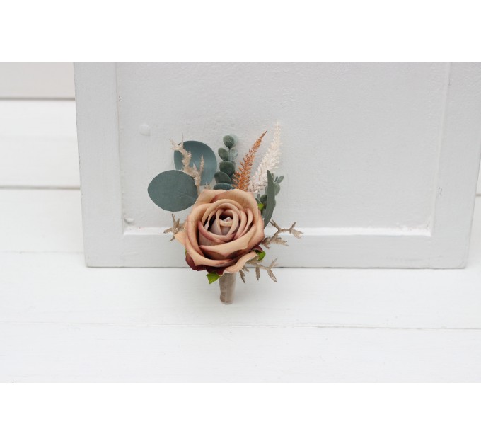 Wedding boutonnieres and wrist corsage  in beige brown color theme. Flower accessories. 0507