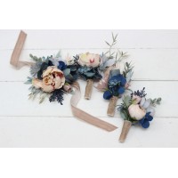  Wedding boutonnieres and wrist corsage  in dusty blue beige color theme. Flower accessories. 0506
