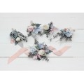  Wedding boutonnieres and wrist corsage  in dusty blue blush pink white color scheme. Flower accessories. 0509
