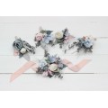 Wedding boutonnieres and wrist corsage in dusty blue blush pink white color scheme. Flower accessories. 0509