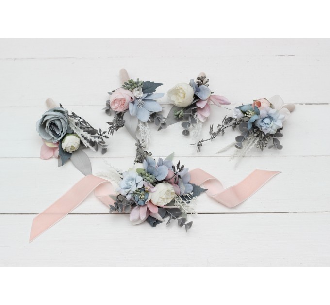 Wedding boutonnieres and wrist corsage in dusty blue blush pink white color scheme. Flower accessories. 0509