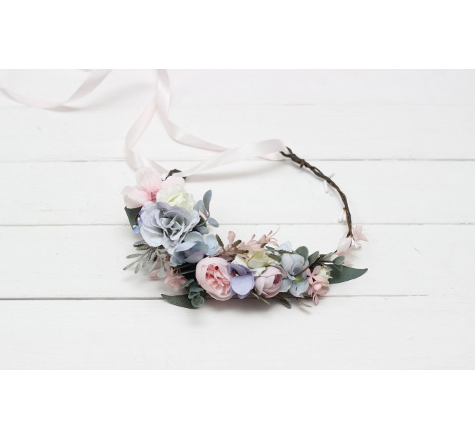 Dusty blue blush pink white flower crown. Hair wreath. Flower girl crown. Wedding flowers. 0509-1