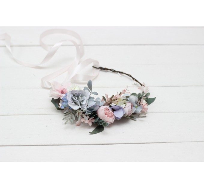 Dusty blue blush pink white flower crown. Hair wreath. Flower girl crown. Wedding flowers. 0509-1