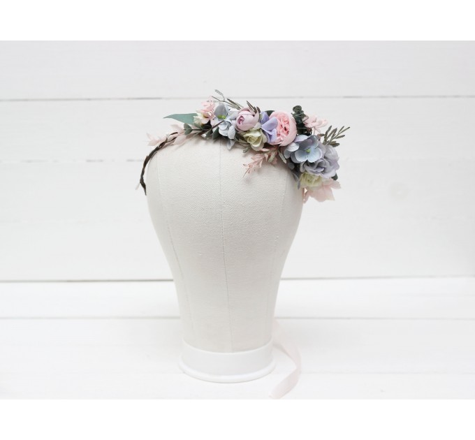 Dusty blue blush pink white  flower crown. Hair wreath. Flower girl crown. Wedding flowers. 0509-1