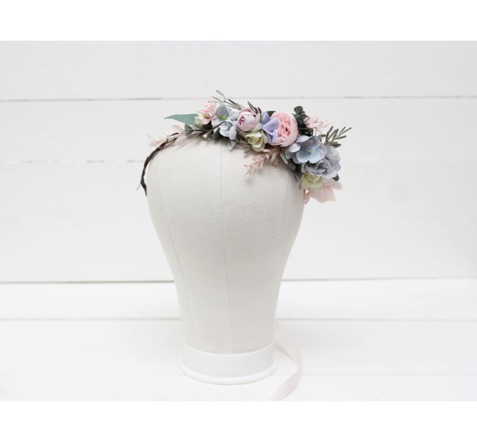 Dusty blue blush pink white flower crown. Hair wreath. Flower girl crown. Wedding flowers. 0509-1