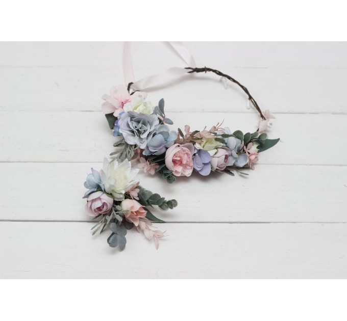 Dusty blue blush pink white flower crown. Hair wreath. Flower girl crown. Wedding flowers. 0509-1