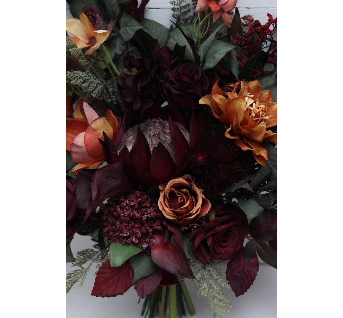 Protea & Calla Lily Bridal Bouquet | Deep Burgundy, Rust & Hunter Green Wedding Flowers