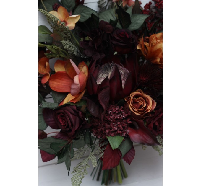 Protea & Calla Lily Bridal Bouquet | Deep Burgundy, Rust & Hunter Green Wedding Flowers