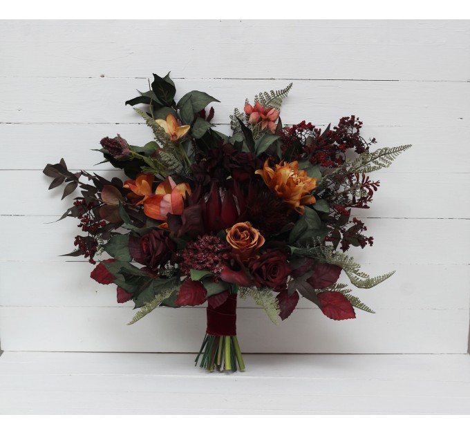 Protea & Calla Lily Bridal Bouquet | Deep Burgundy, Rust & Hunter Green Wedding Flowers