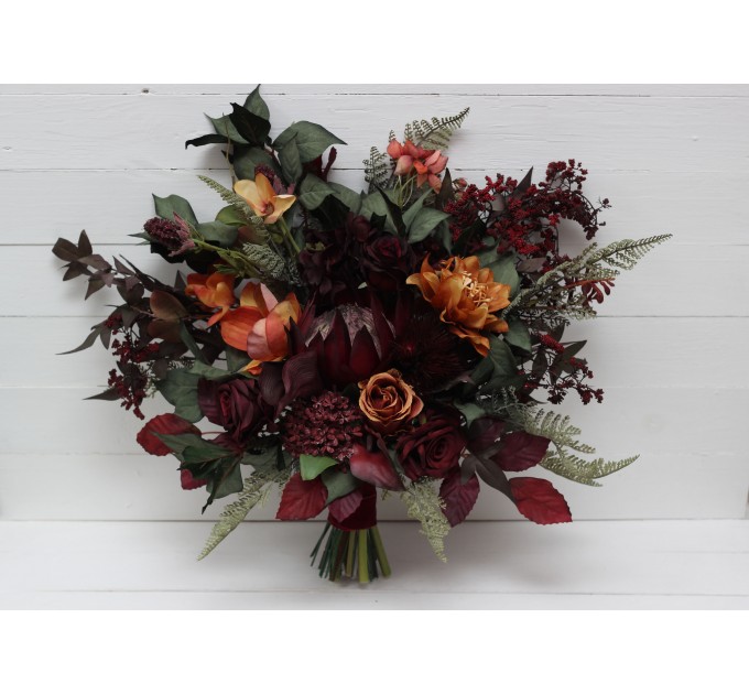 Protea & Calla Lily Bridal Bouquet | Deep Burgundy, Rust & Hunter Green Wedding Flowers