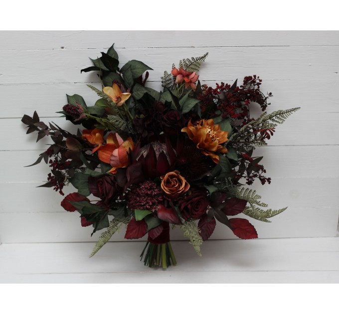 Protea & Calla Lily Bridal Bouquet | Deep Burgundy, Rust & Hunter Green Wedding Flowers